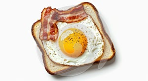 Toast with fried egg and bacon isolated on white background, top view.